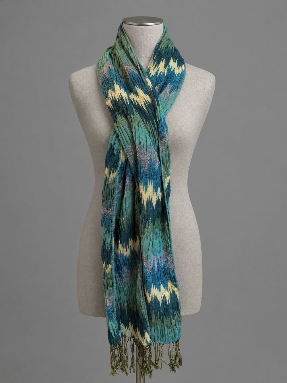 Boho Hippie Chic Blue Green Long Layering Fringe Scarf 8 x 70